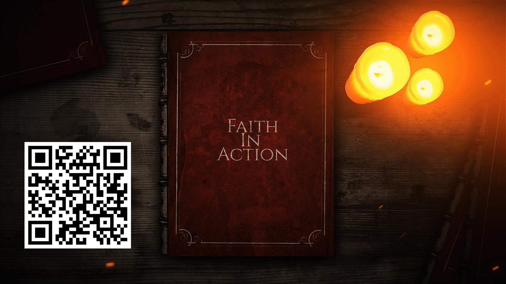 A book titled faith in action, with candles in the top right and a QR code in the bottom left