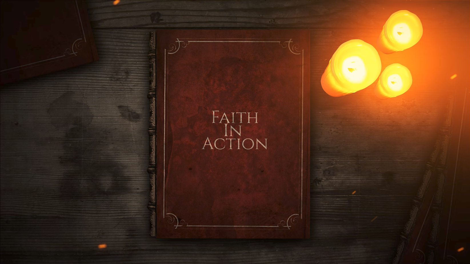 A book cover that reads "Faith In Action". There are 3 candles in the upper right.